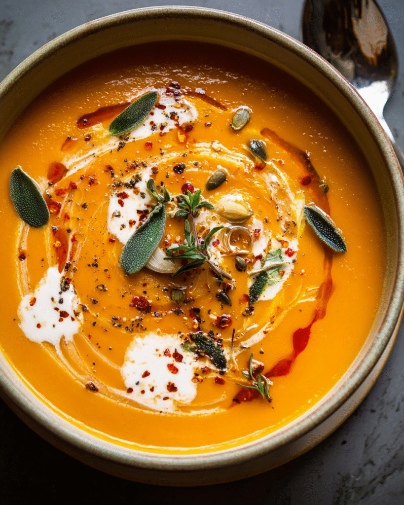 Creamy fall harvest soup with roasted squash and sage garnish in bowl