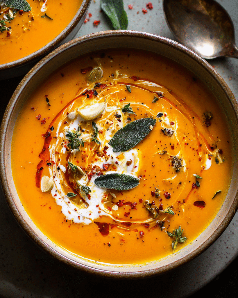 Creamy fall harvest soup with roasted squash and sage garnish in bowl