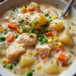 Creamy fish chowder soup with potatoes, carrots, and peas in a white bowl