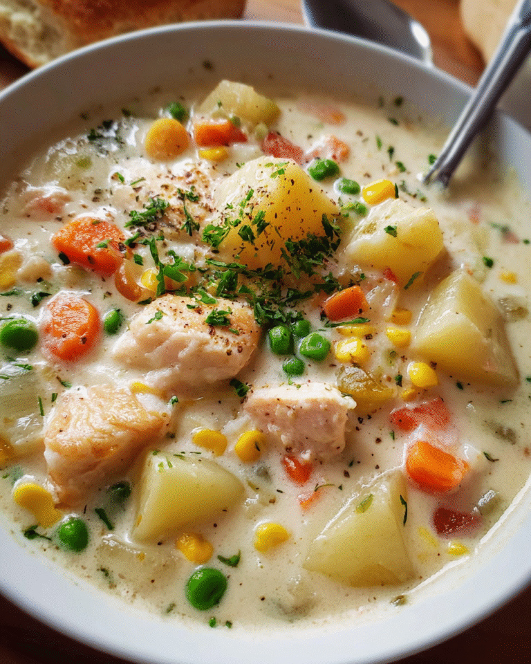 Creamy fish chowder soup with potatoes, carrots, and peas in a white bowl