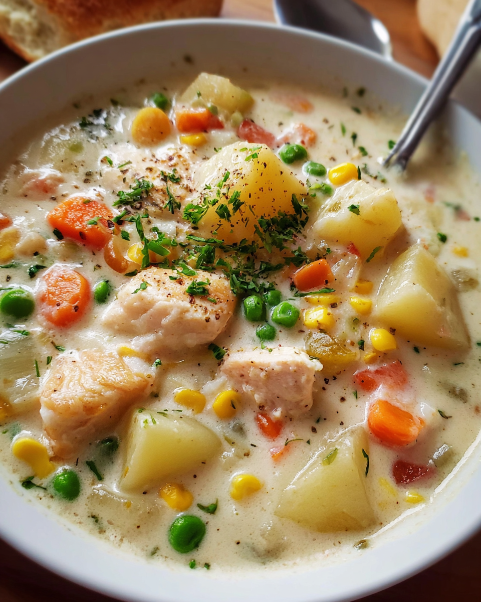 Creamy fish chowder soup with potatoes, carrots, and peas in a white bowl