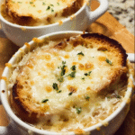 French onion soup with melted Gruyère cheese and toasted bread
