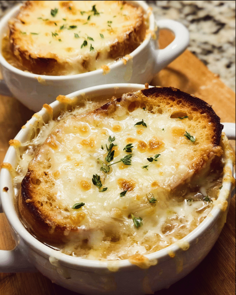 French onion soup with melted Gruyère cheese and toasted bread