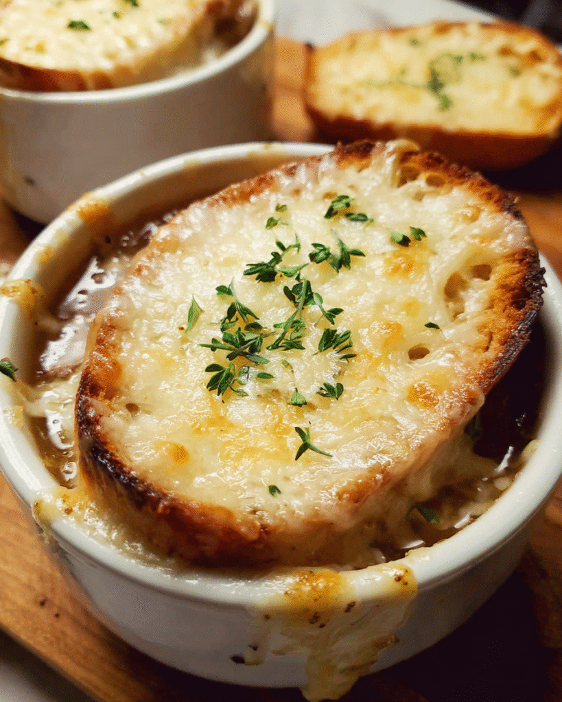 French onion soup with melted Gruyère cheese and toasted bread