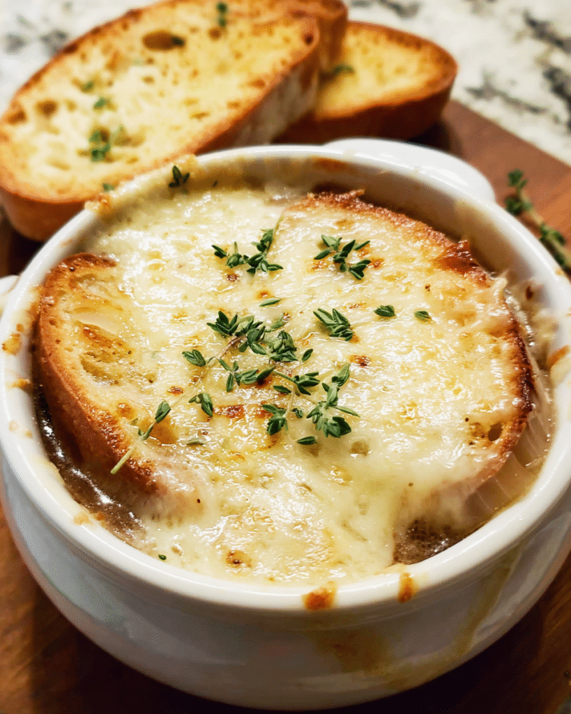 French onion soup in white bowl with melted cheese and toasted bread