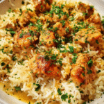 Garlic Butter Rice with Chicken served in a skillet with fresh parsley