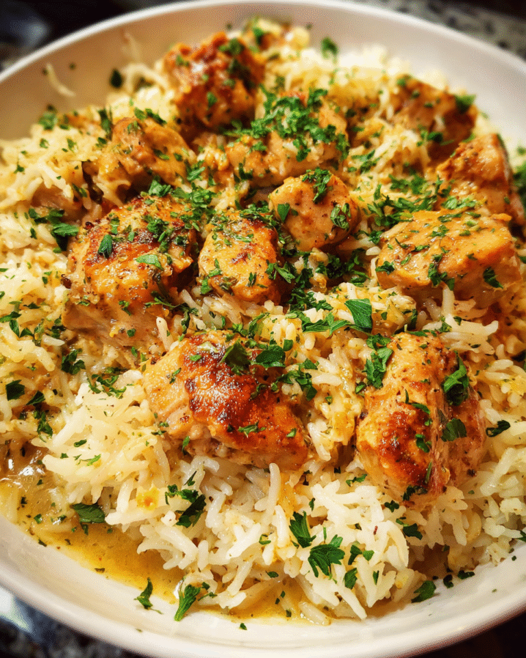 Garlic Butter Rice with Chicken served in a skillet with fresh parsley