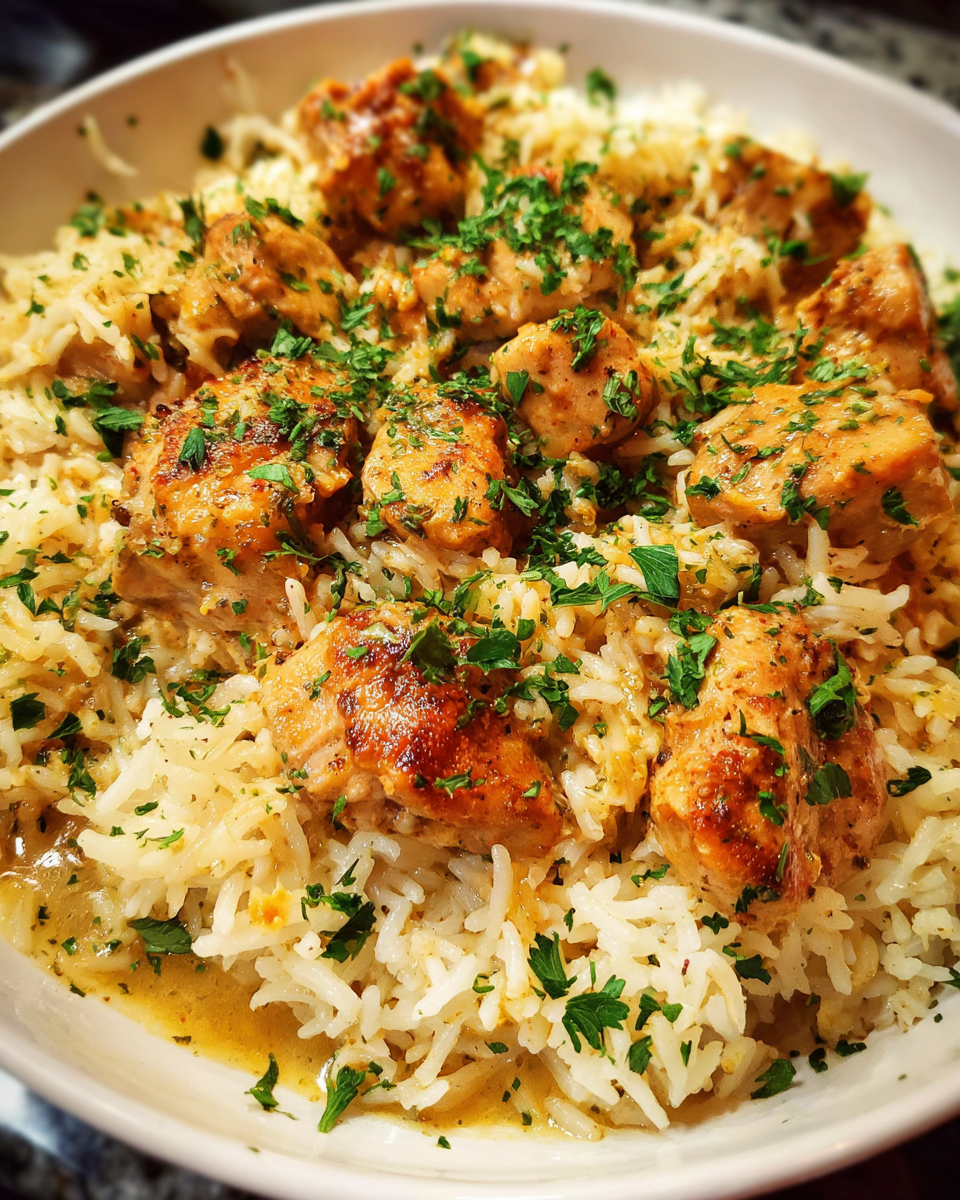 Garlic Butter Rice with Chicken served in a skillet with fresh parsley