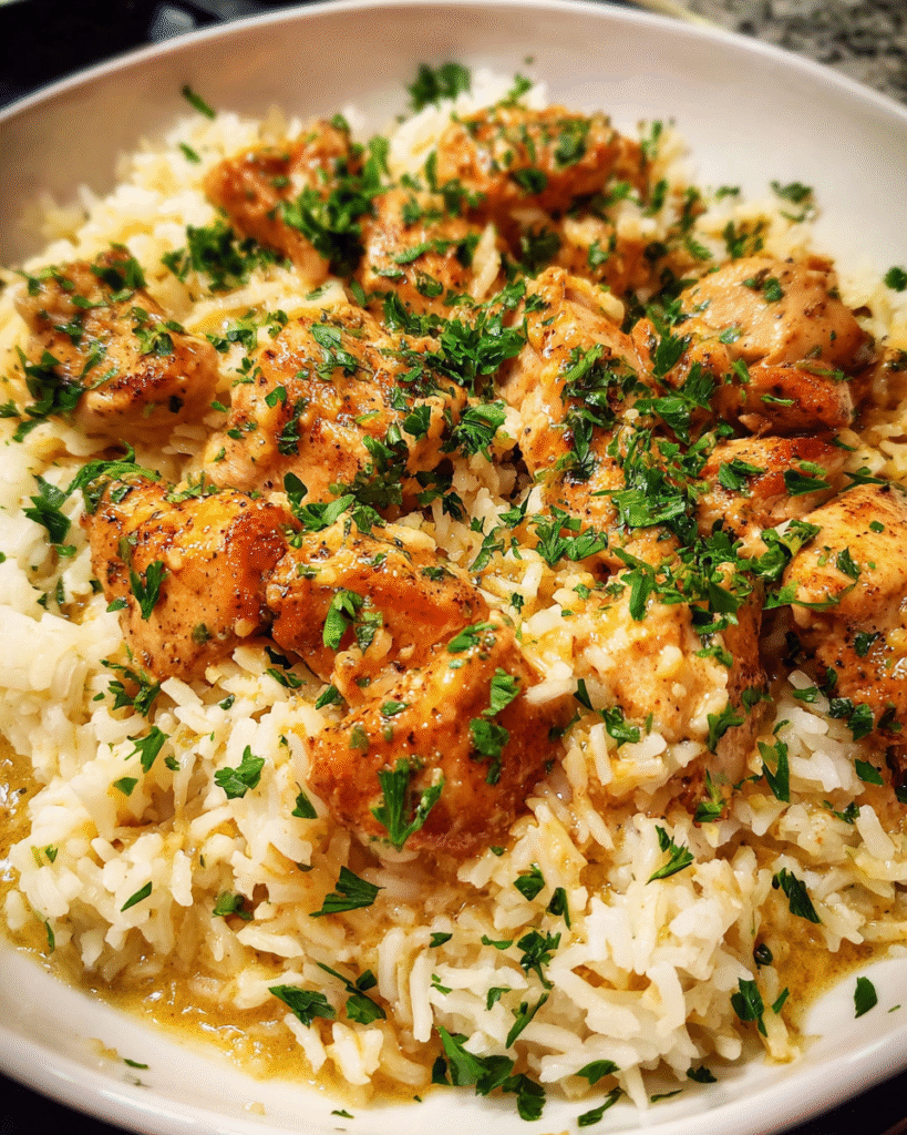 Garlic Butter Rice with Chicken served in a skillet with fresh parsley