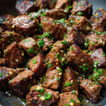 Garlic butter steak bites in skillet with parsley