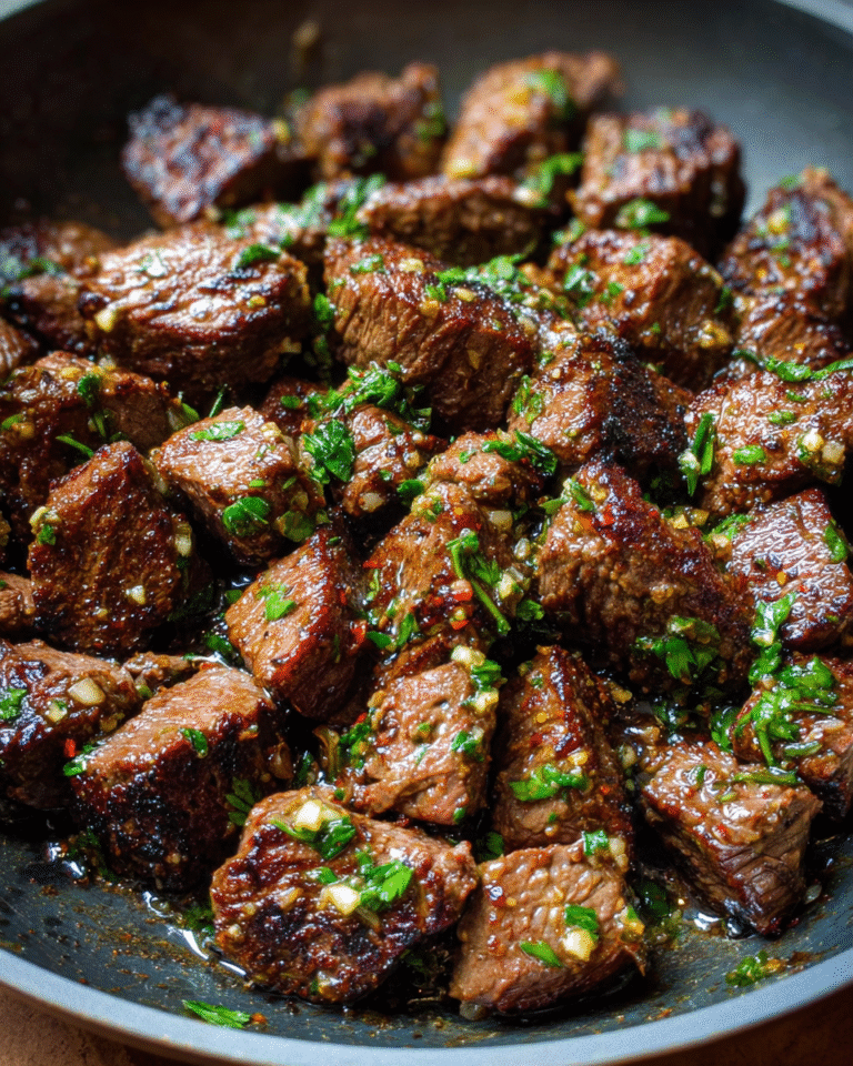 Garlic butter steak bites in skillet with parsley