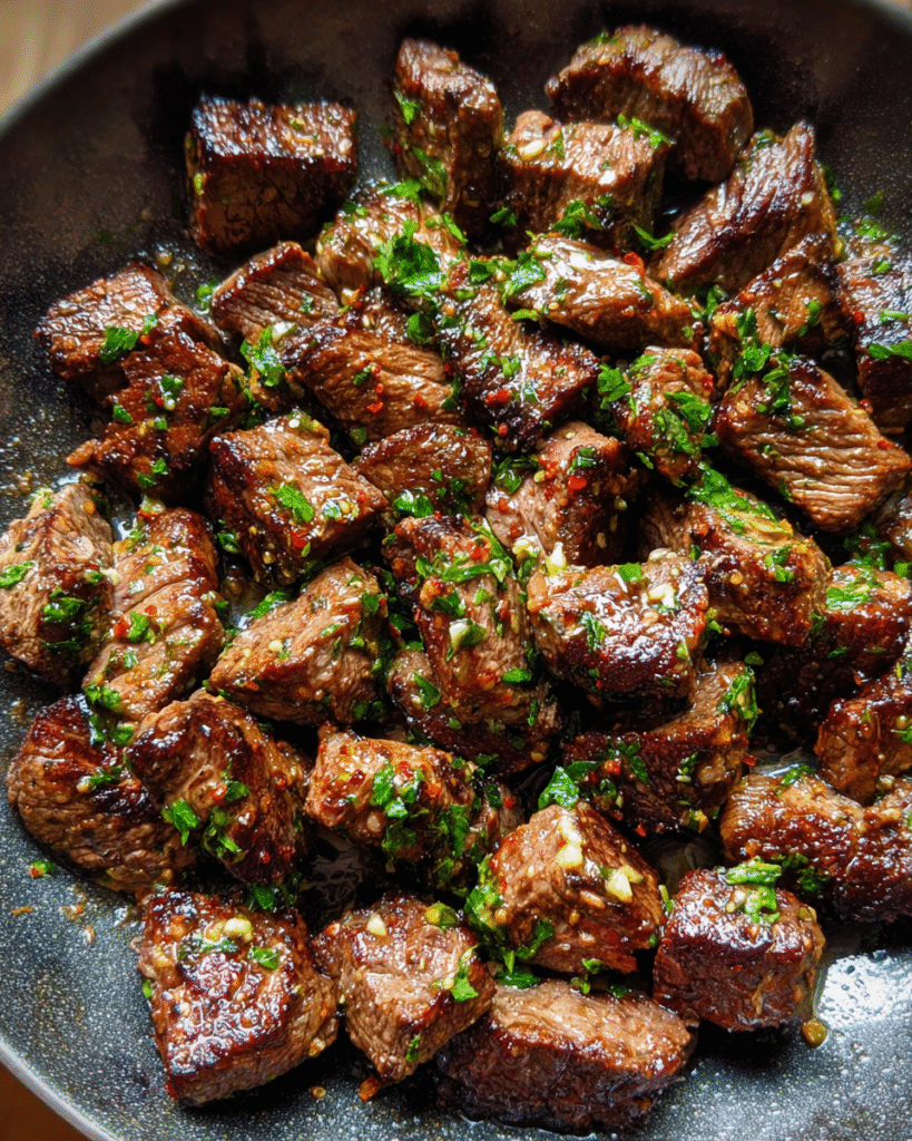 Garlic butter steak bites in skillet with parsley