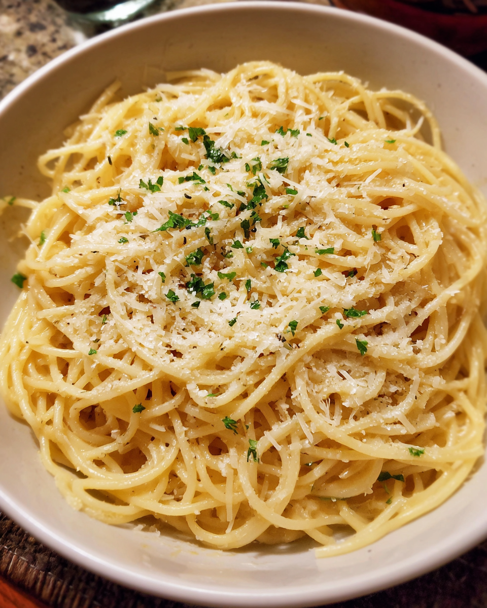 Garlic Parmesan Pasta served in a bowl with grated Parmesan
