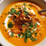 Ginger carrot soup served with coconut cream and herbs