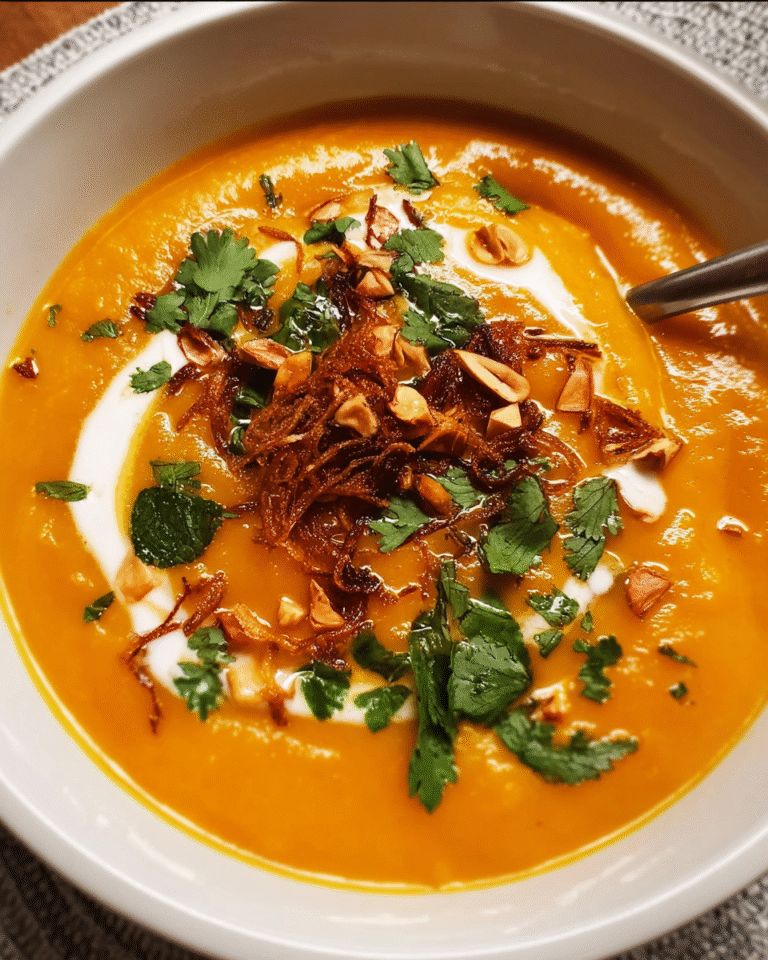 Ginger carrot soup served with coconut cream and herbs