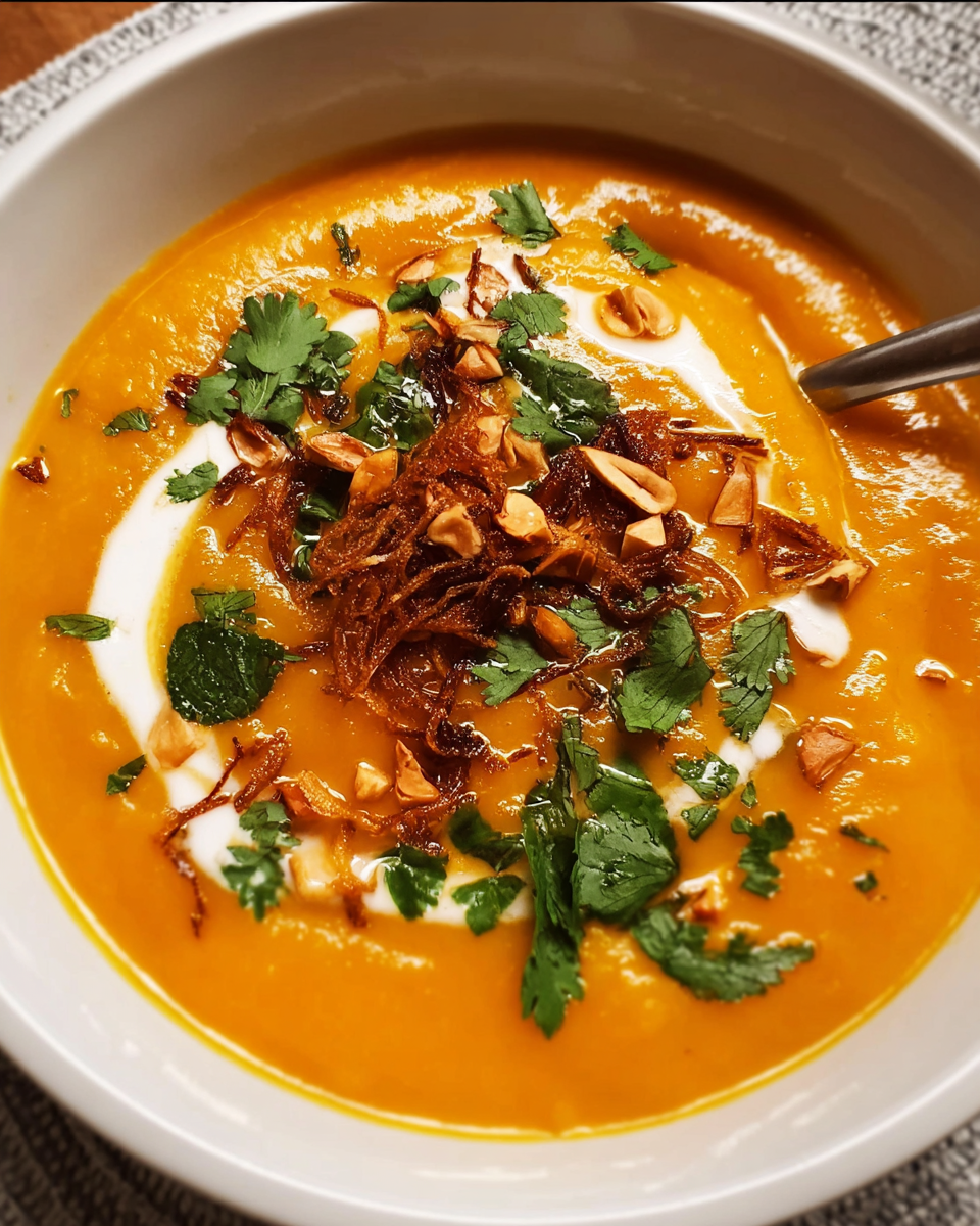 Ginger carrot soup served with coconut cream and herbs