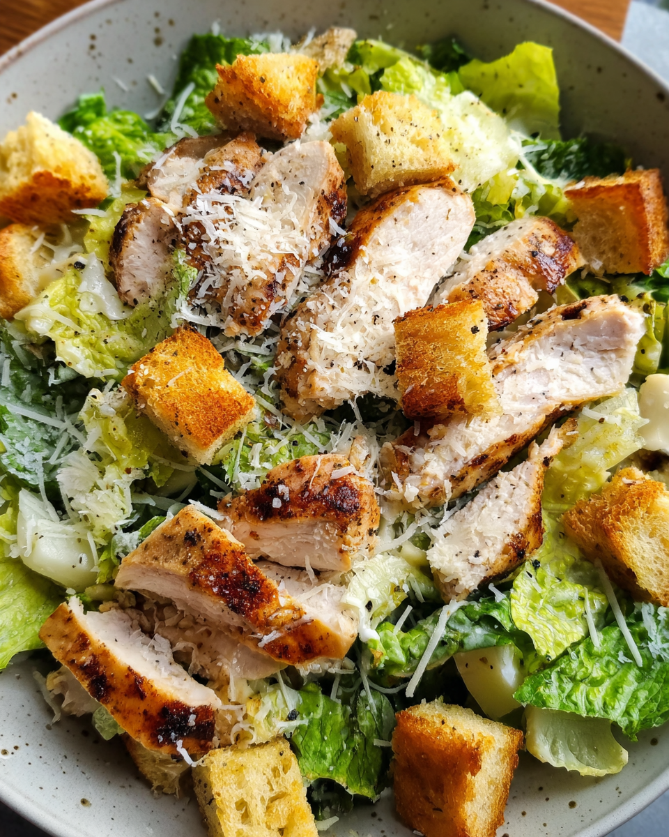Grilled Chicken Caesar Salad with homemade croutons and creamy dressing