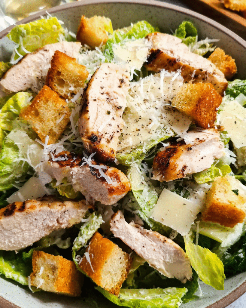 Grilled Chicken Caesar Salad with homemade croutons and creamy dressing
