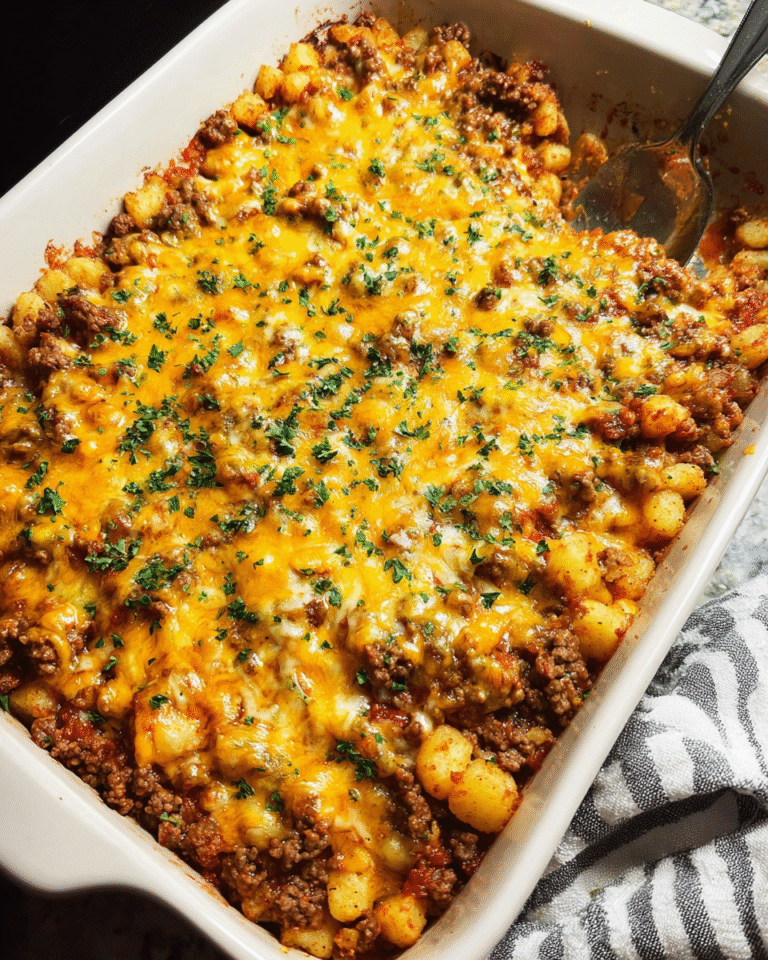 Ground Beef Potato Casserole baked with cheddar cheese