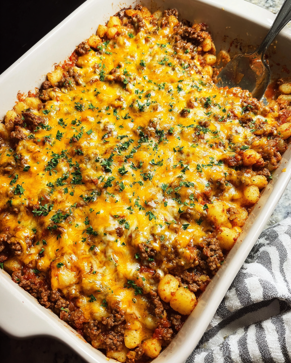Ground Beef Potato Casserole baked with cheddar cheese