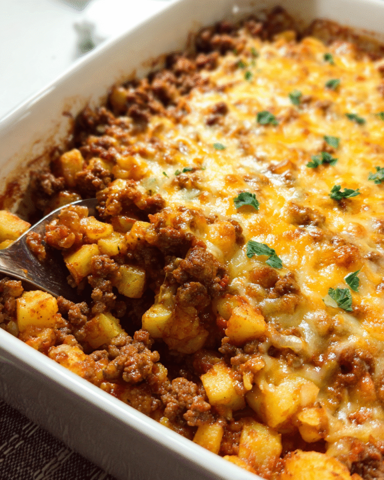 Ground beef and potato casserole topped with melted cheddar cheese