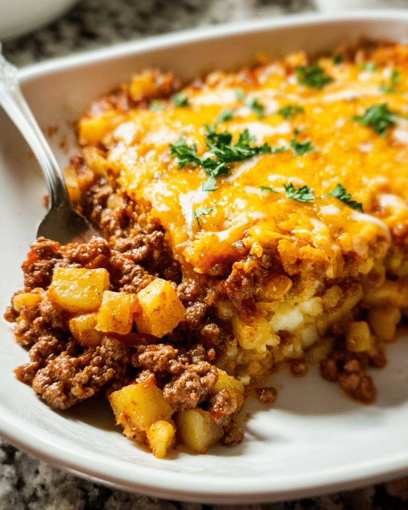 Ground beef and potato casserole topped with melted cheddar cheese