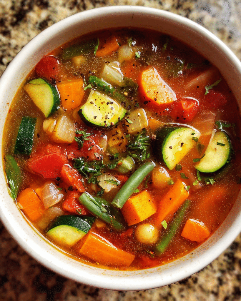 Hearty vegetable soup in a white bowl with kale and chickpeas