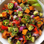 High Protein Black Bean Salad with roasted sweet potatoes and avocado