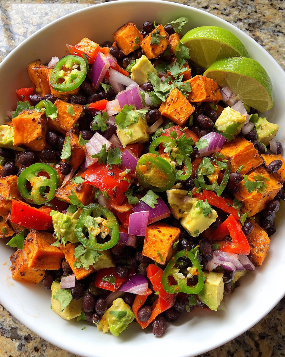 High Protein Black Bean Salad with roasted sweet potatoes and avocado