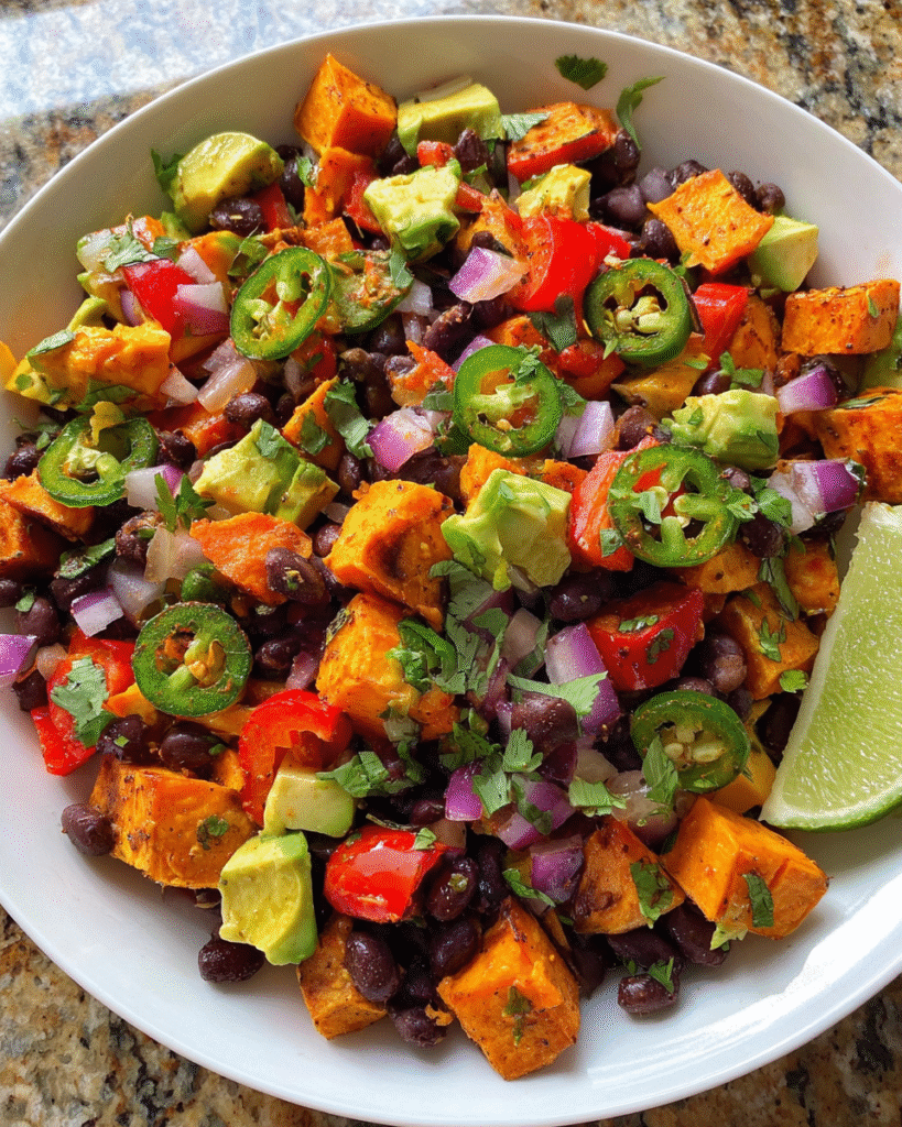 High Protein Black Bean Salad with roasted sweet potatoes and avocado