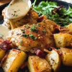 Honey Mustard Chicken Bake with potatoes and turkey bacon in skillet
