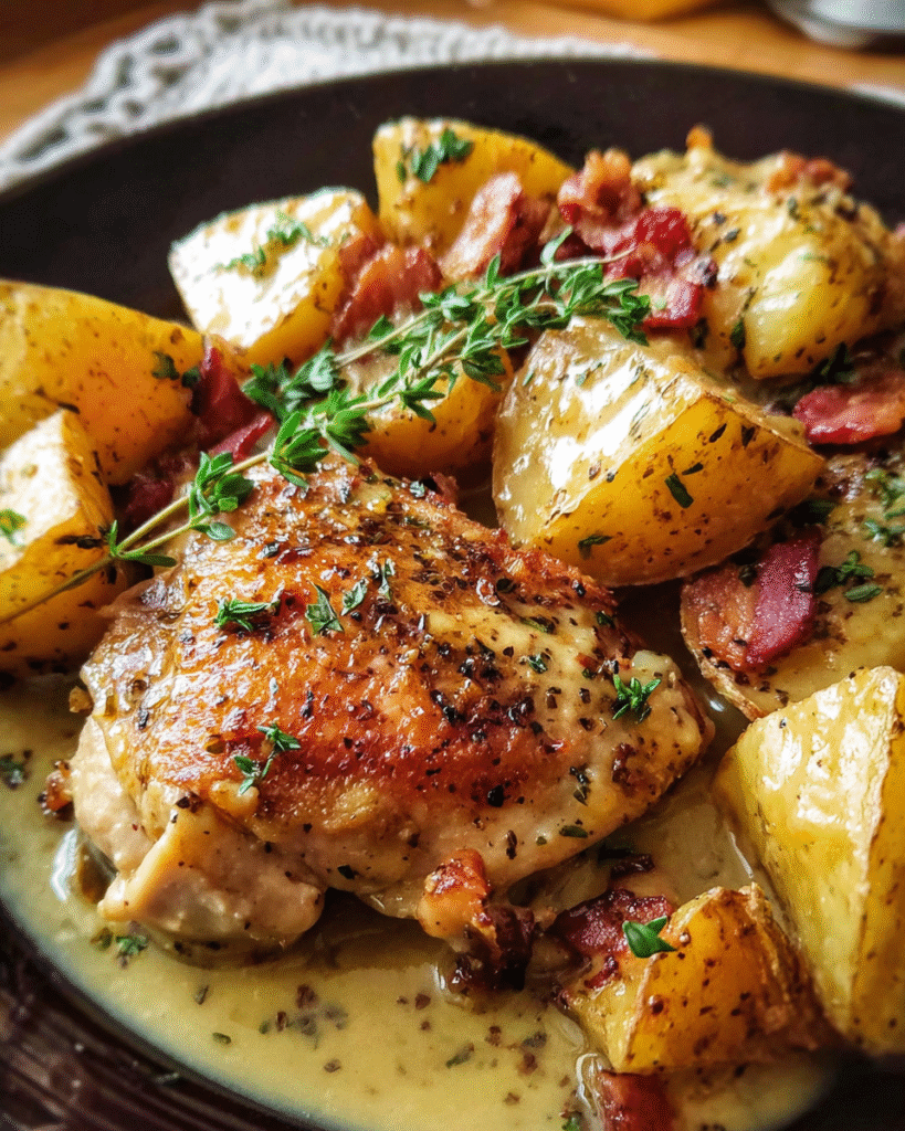 Honey Mustard Chicken Bake with potatoes and turkey bacon in skillet