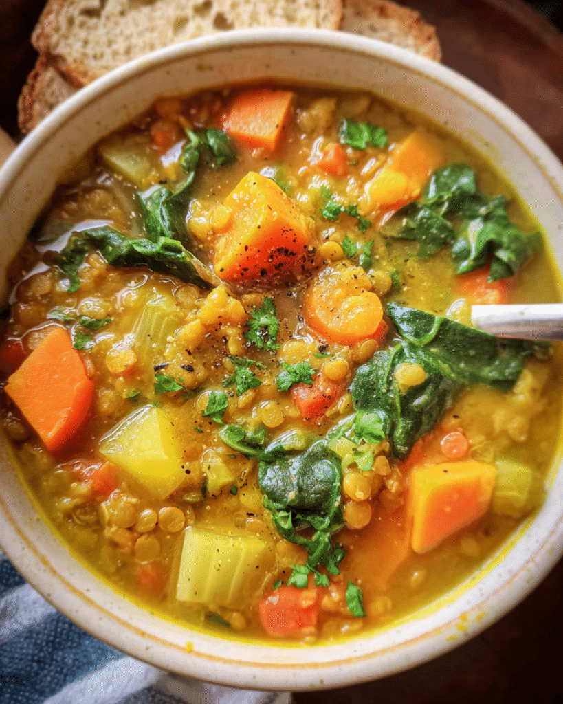 Immune boosting soup with lentils, carrots, and kale in bowl