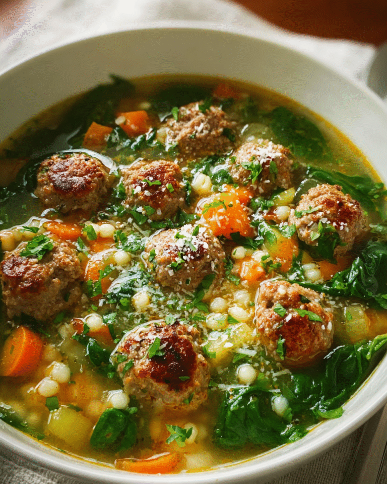 Bowl of homemade Italian wedding soup with spinach and meatballs