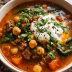 Bowl of Lamb Shawarma Chickpea Soup topped with yogurt and cilantro