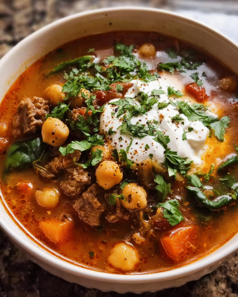 Bowl of Lamb Shawarma Chickpea Soup topped with yogurt and cilantro