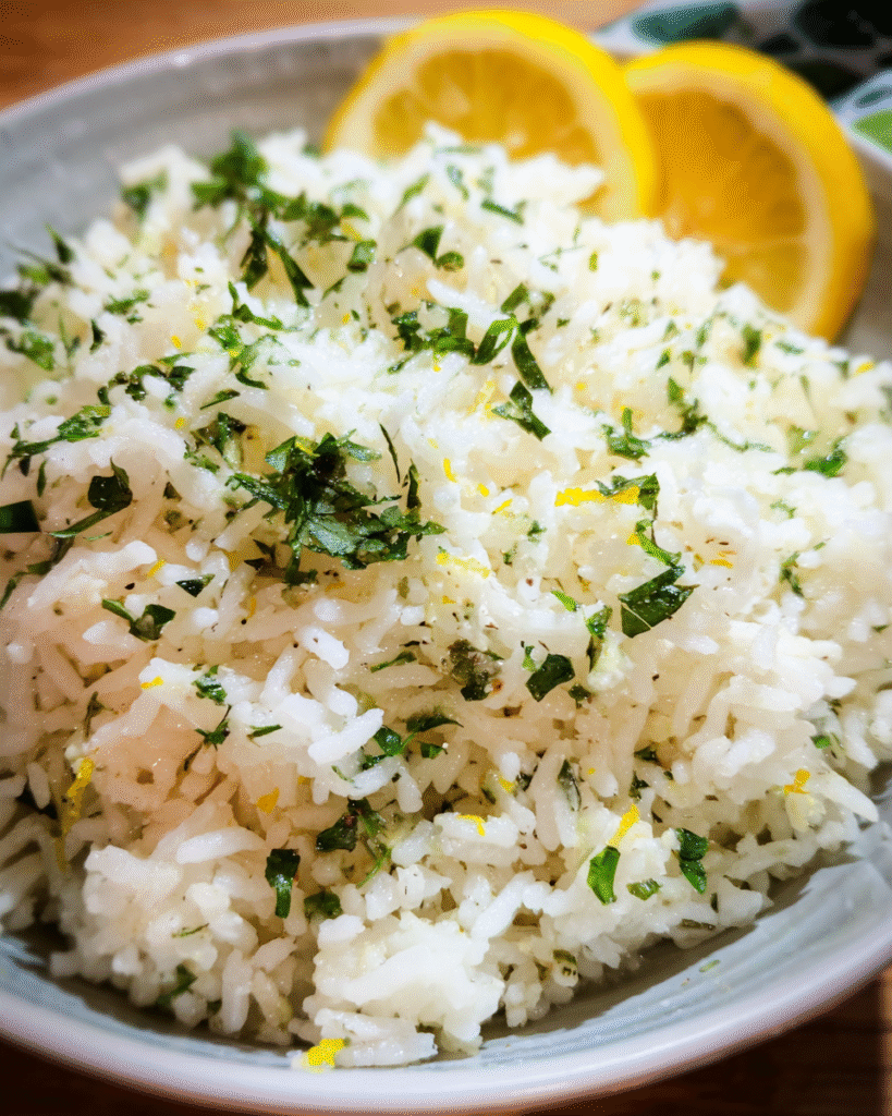 Bowl of lemon garlic herb rice topped with fresh parsley and lemon zest