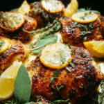 Crispy lemon herb roasted chicken thighs in skillet with fresh lemon slices