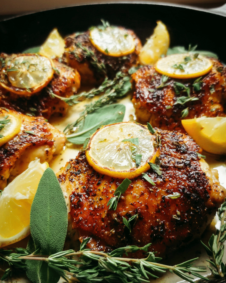 Crispy lemon herb roasted chicken thighs in skillet with fresh lemon slices