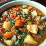 Lentil and veggie soup in a white bowl topped with fresh spinach