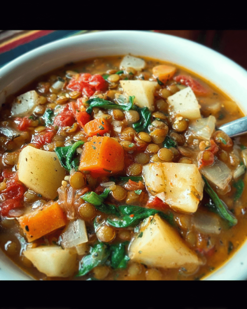 Lentil and veggie soup in a white bowl topped with fresh spinach