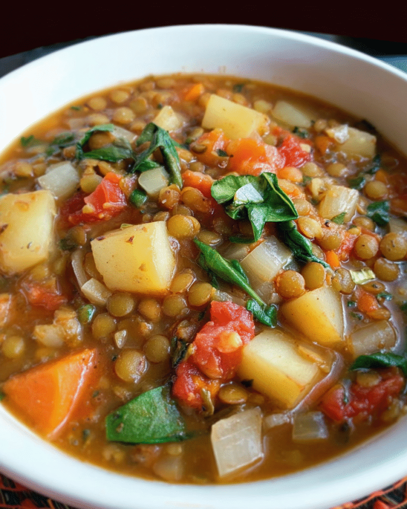 Lentil and veggie soup in a white bowl topped with fresh spinach