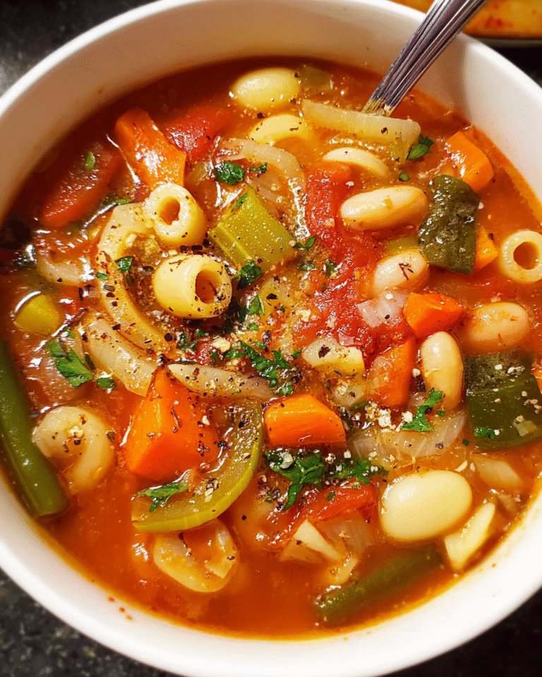 Hearty bowl of Italian minestrone soup with vegetables and pasta