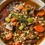 Hearty bowl of mushroom barley soup with vegetables and parsley garnish
