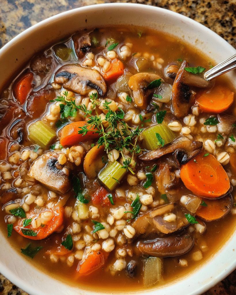 Hearty bowl of mushroom barley soup with vegetables and parsley garnish