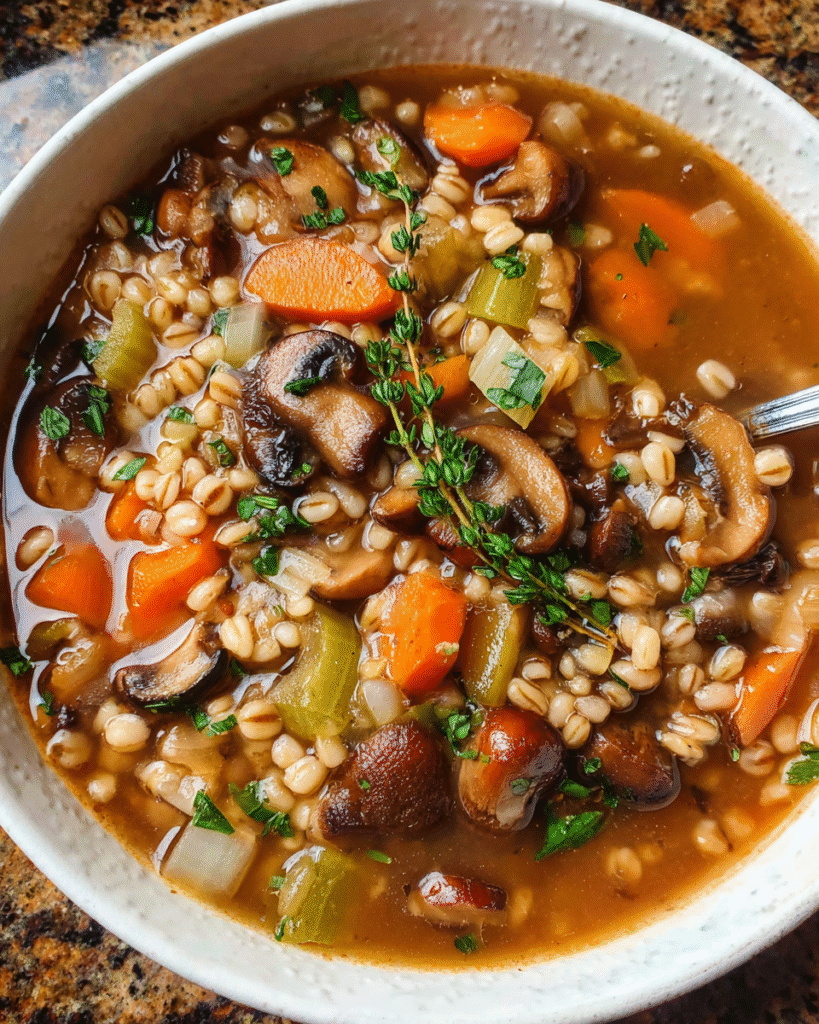 Hearty bowl of mushroom barley soup with vegetables and parsley garnish