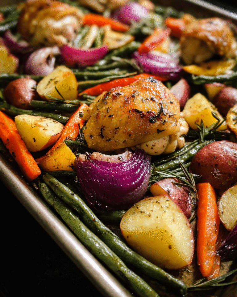 One Pan Chicken with Vegetables roasted on a sheet pan with carrots, green beans, and potatoes