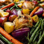 One pan chicken veggies with roasted potatoes, carrots, and green beans on a sheet pan