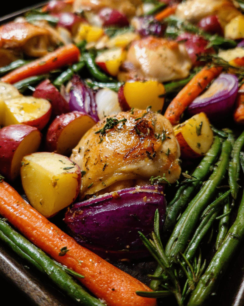 One pan chicken veggies with roasted potatoes, carrots, and green beans on a sheet pan