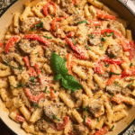 Creamy one pan sausage pasta with bell peppers and Parmesan in skillet